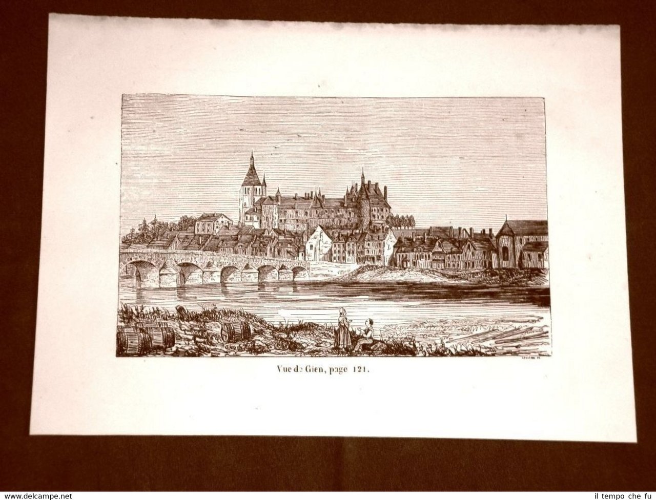 Incisione in rame del 1849 Veduta della città di Gien …