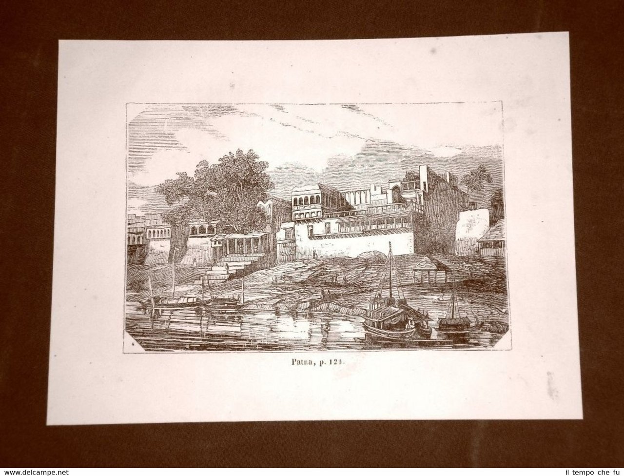 Incisione in rame del 1849 Veduta di Patna, India