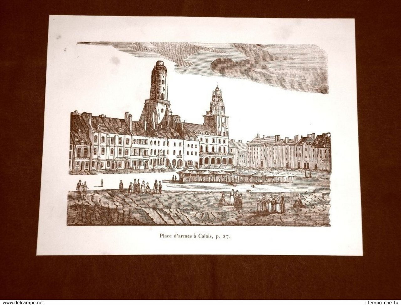 Incisione in rame del 1849 Veduta di Piazza d'Armi Calais …