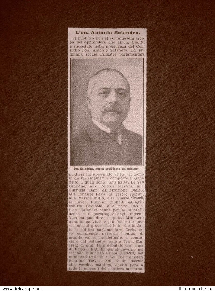 L'Onorevole Antonio Salandra Presidente del Consiglio dei Ministri nel 1914