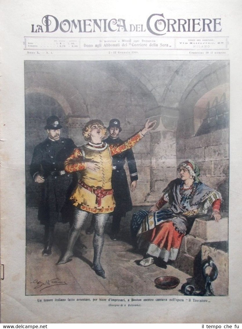 La Domenica del Corriere 12 Gennaio 1908 Capodanno Tenore Trovatore …