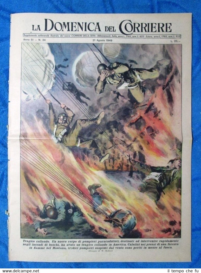 La Domenica del Corriere 21 agosto 1949 Pompieri paracadutisti -Napoli …