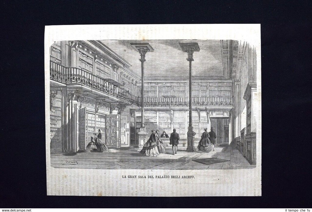 La gran sala del Palazzo degli Archivi Incisione del 1871