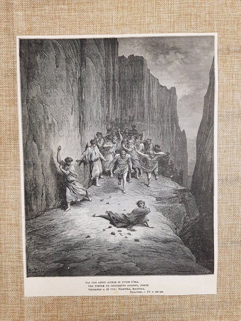 Lapidazione Santo Stefano Divina Commedia Purgatorio Incisione Gustave Doré 1887