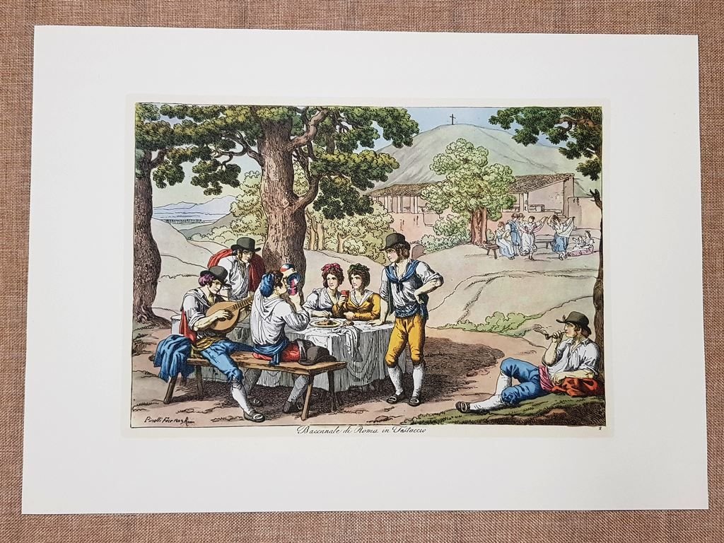 Litografia Baccanale di Roma Testaccio Costume Bartolomeo Pinelli 1809 Ristampa