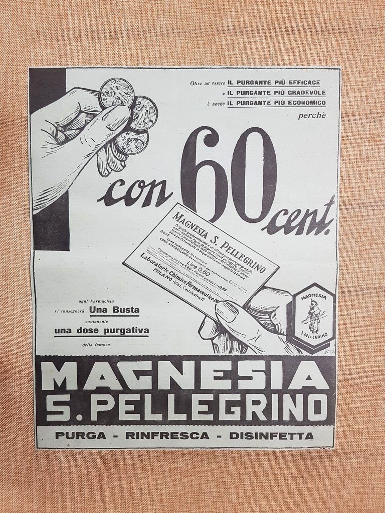 Magnesia San Pellegrino 60 cent busta Purgante Pubblicità primi anni …