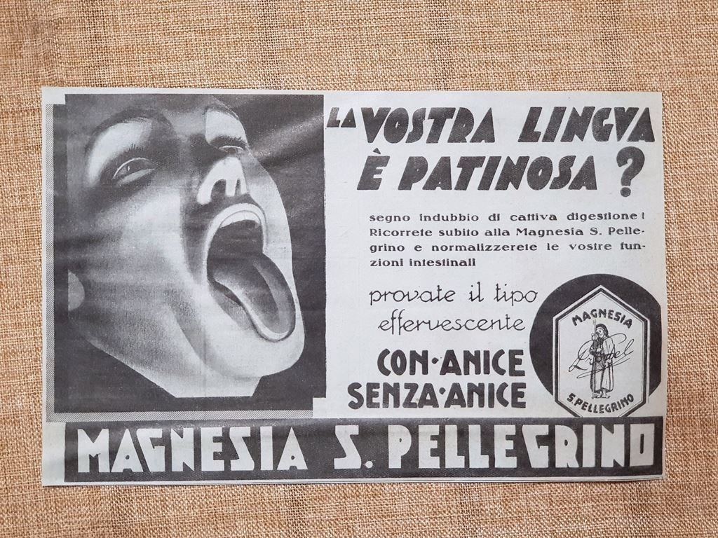 Magnesia San Pellegrino Contro la lingua patinosa Pubblicità degli inizi …