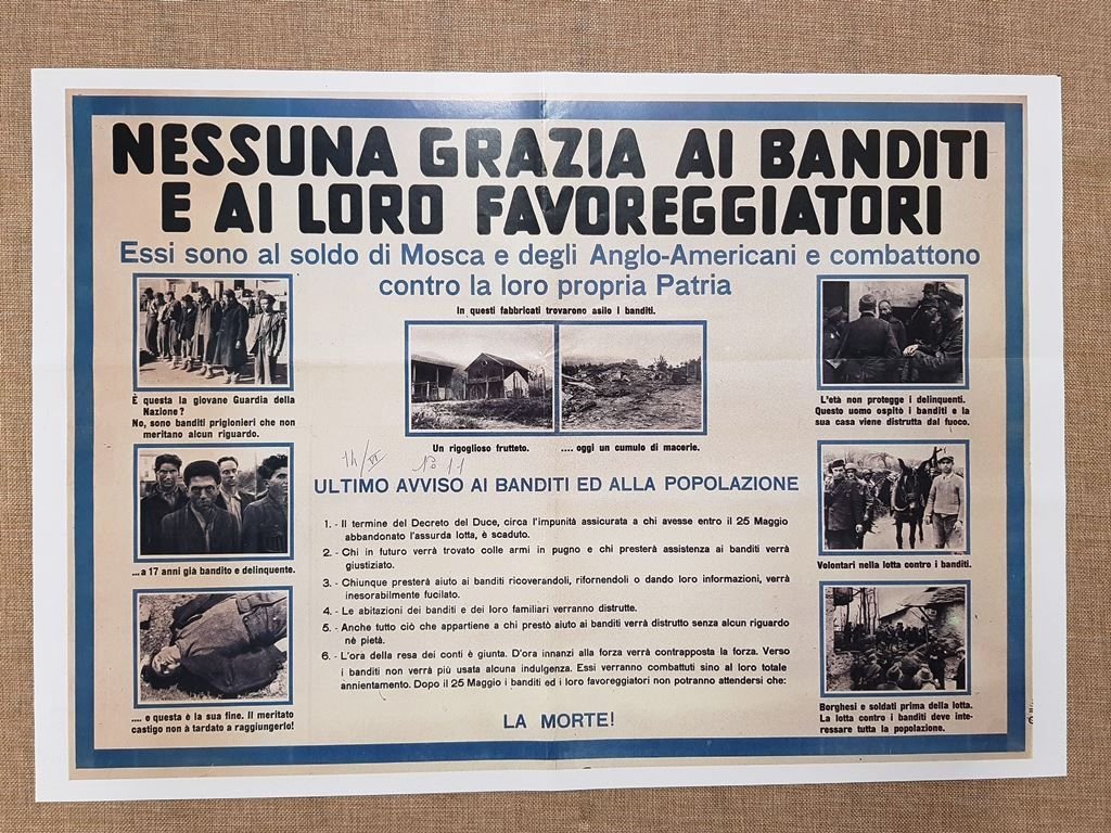 Manifesto di propaganda Fascista Partigiani Ristampa di storica locandina 35x50 | Immagine principale