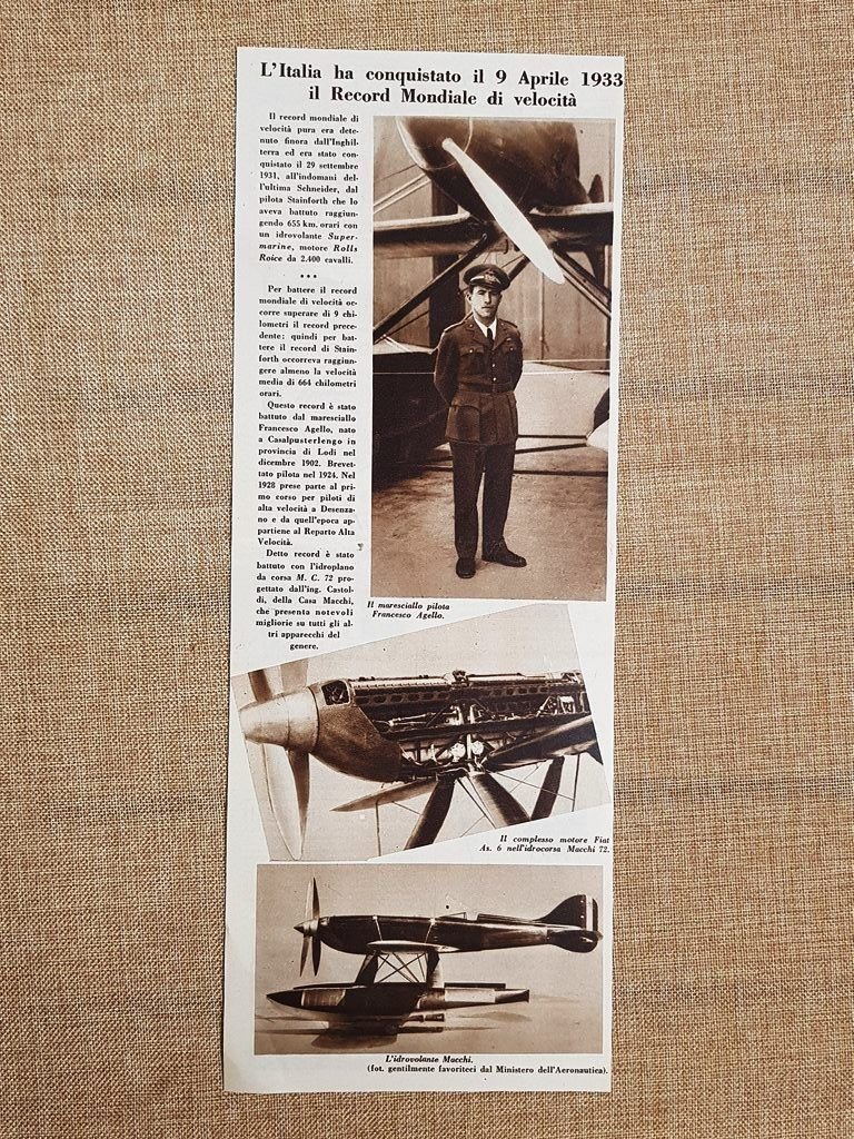 Maresciallo aviatore Francesco Agello 9 aprile 1933 Record mondiale di …