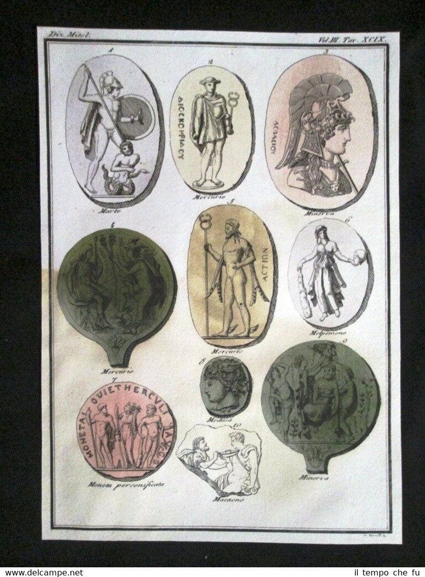 Marte, Mercurio, Macaone Incisione colorata a mano del 1820 Mitologia …