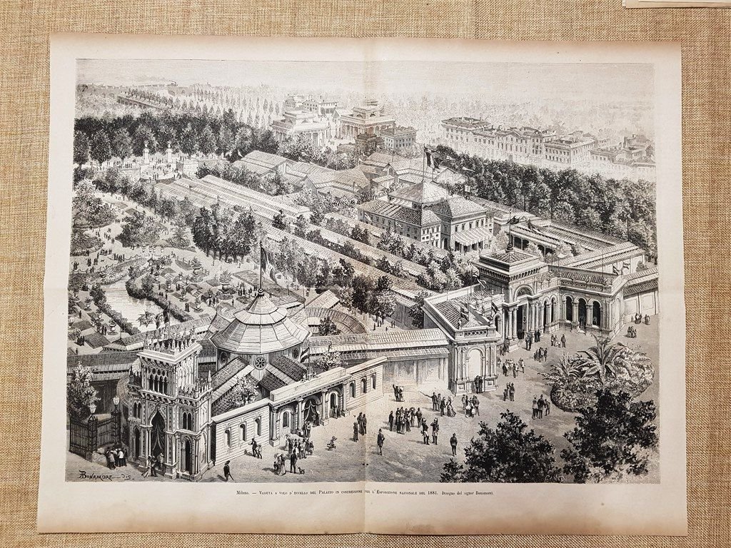 Milano nel 1880 Veduta volo d'uccello Palazzo dell'Esposizione del 1881 …