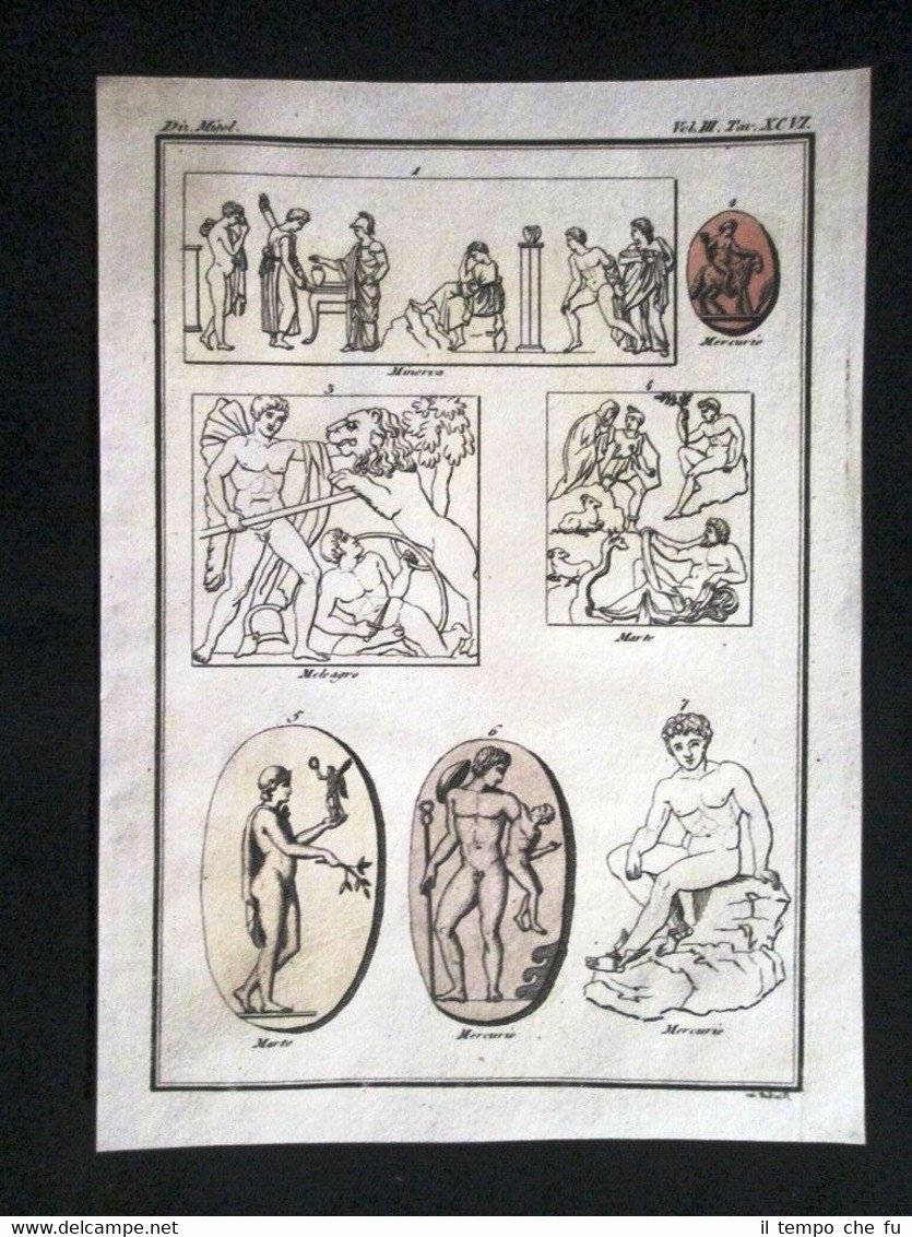 Minerva, Mercurio, Meleagro Incisione colorata a mano del 1820 Mitologia …