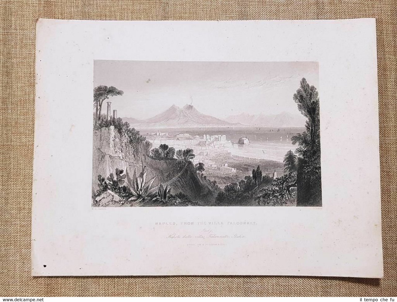 Napoli col Vesuvio Veduta dalla Villa Falconetti Incisione del 1841