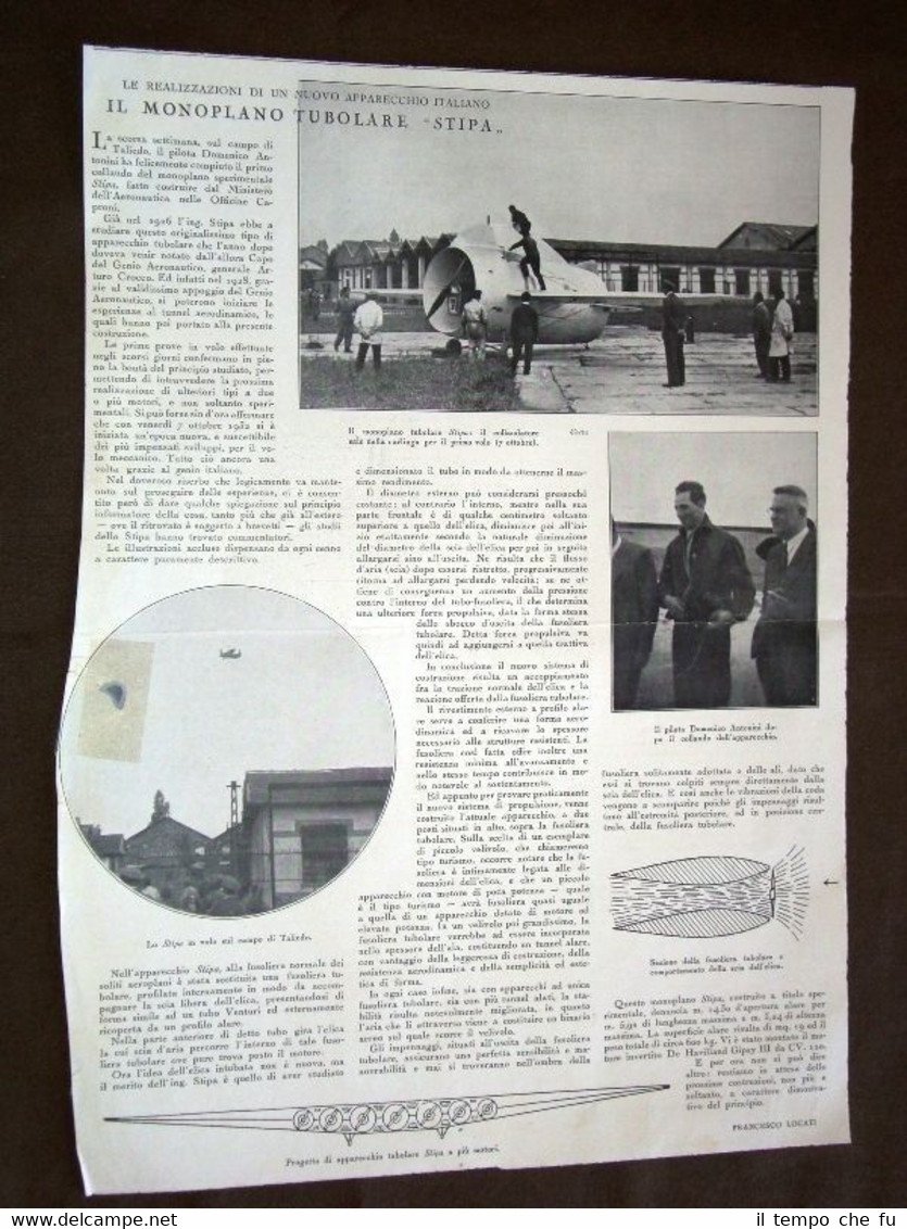 Nuovo apparecchio o aereo d'Italia nel 1932 Monoplano tubolare Stipa …