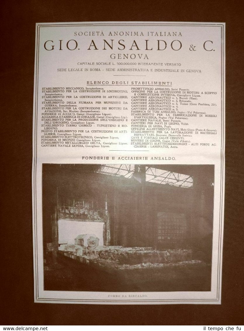 Officine Ansaldo Genova Elenco stabilimenti Forno da riscaldo Pubblicità 1918 | Immagine principale