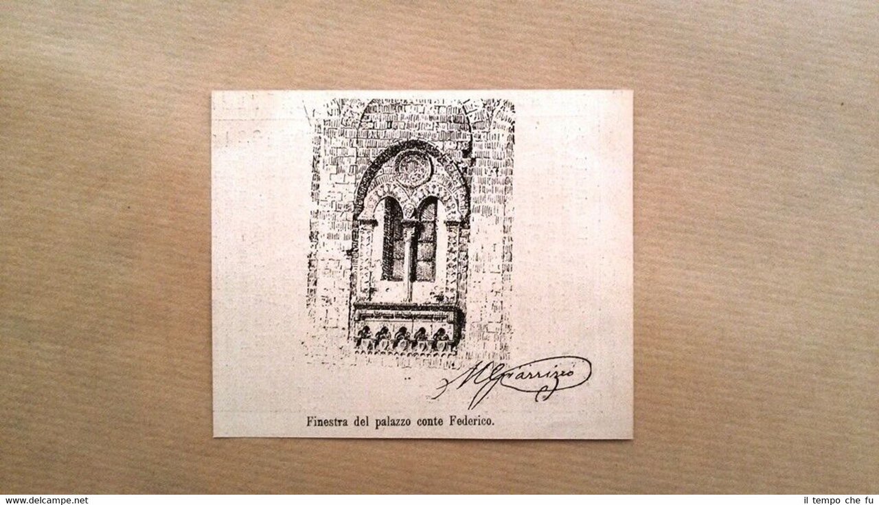 Palermo,disegni di M.Giarizzo:Finestra palazzo Conte Federico Incisione del 1882