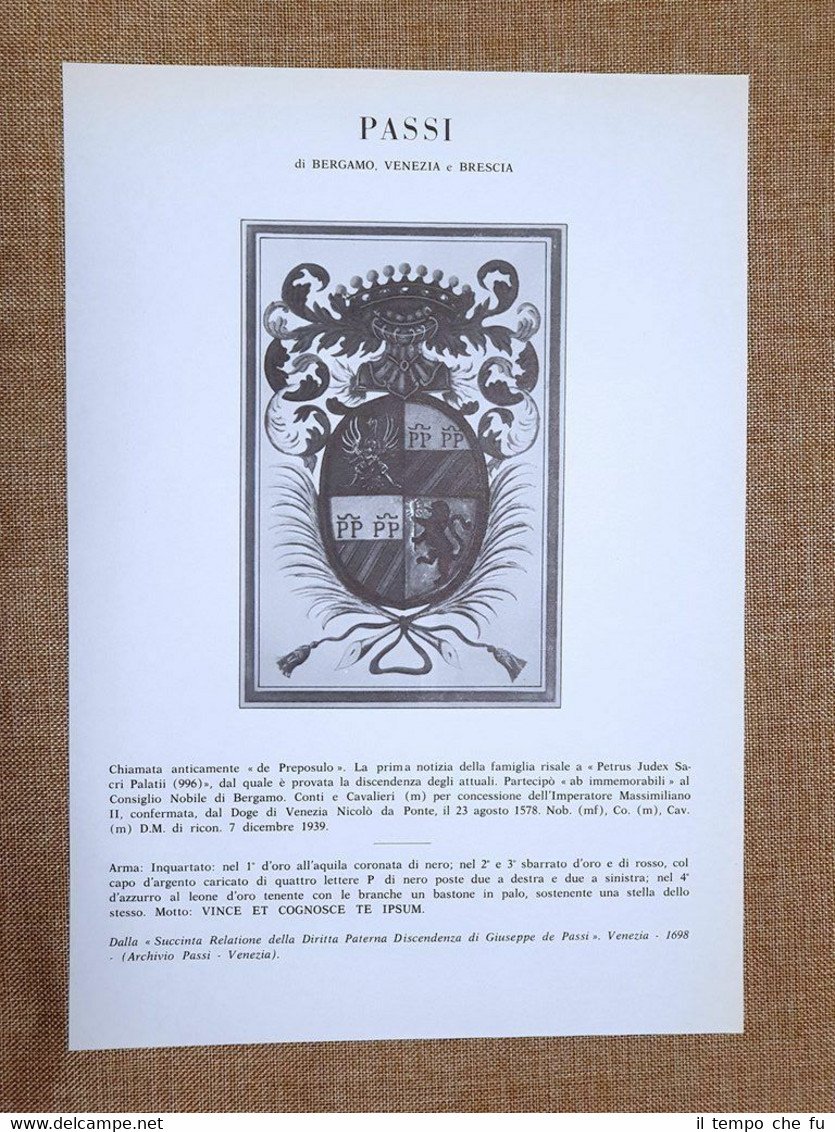Passi di Bergamo, Venezia e Brescia Stemma Famiglia Nobile Nobiltà …
