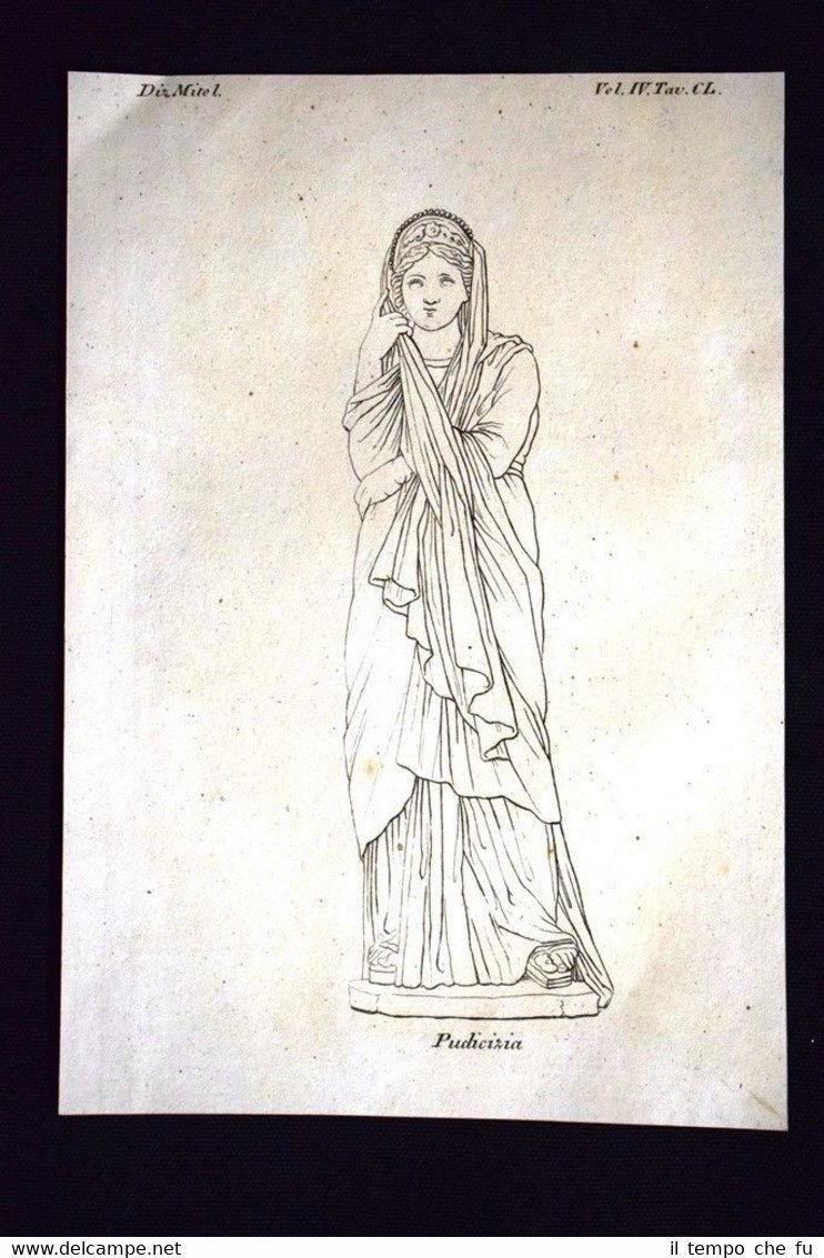 Personificazione Pudicizia Incisione all'acquaforte del 1820 Mitologia Pozzoli