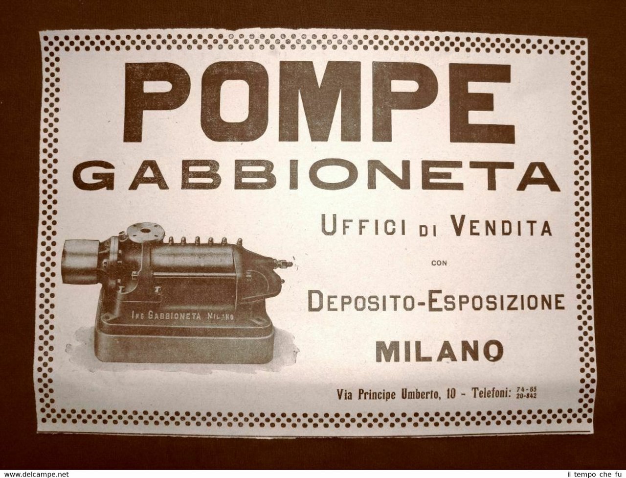 Pompe Gabioneta Milano Pubblicità del 1918 | Immagine principale