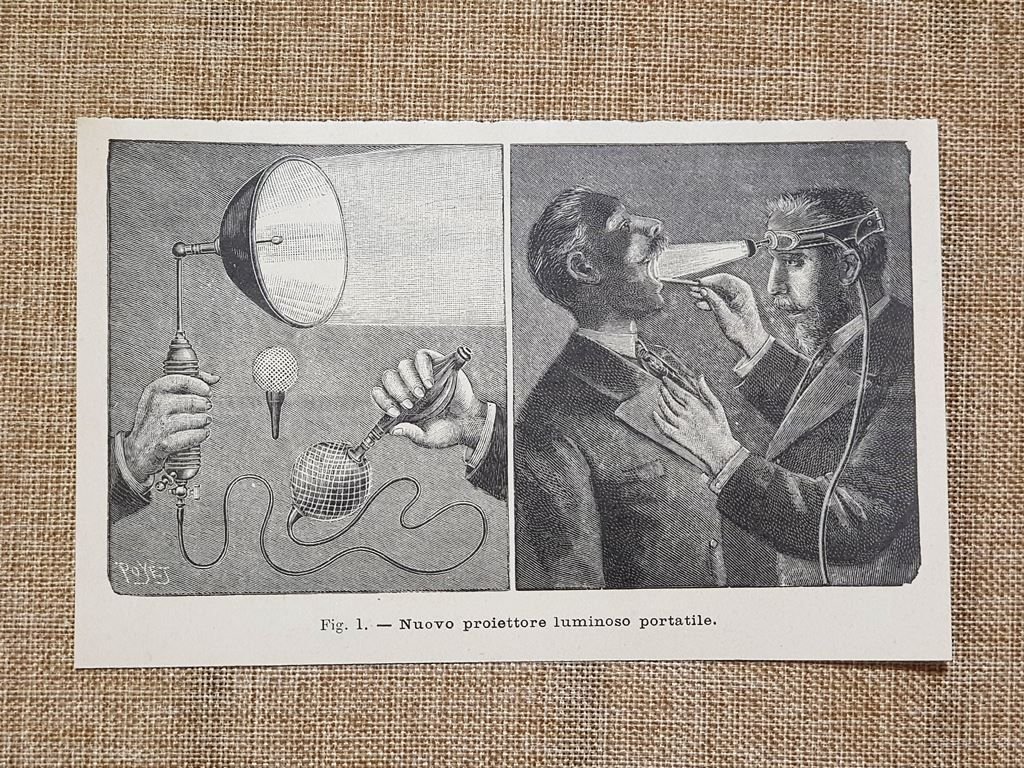 Proiettore luminoso portatile Invenzione Stampa del 1896
