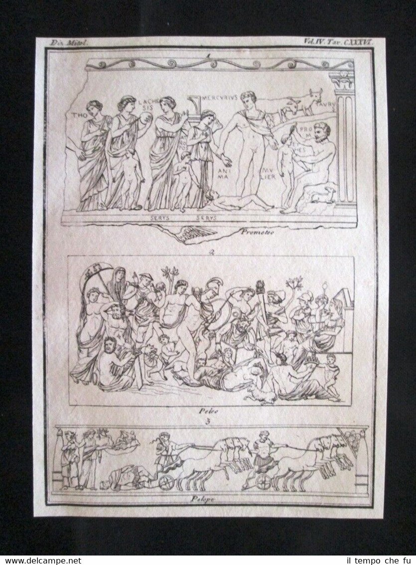 Prometeo, Peleo, Pelope Incisione all'acquaforte del 1820 Mitologia Pozzoli