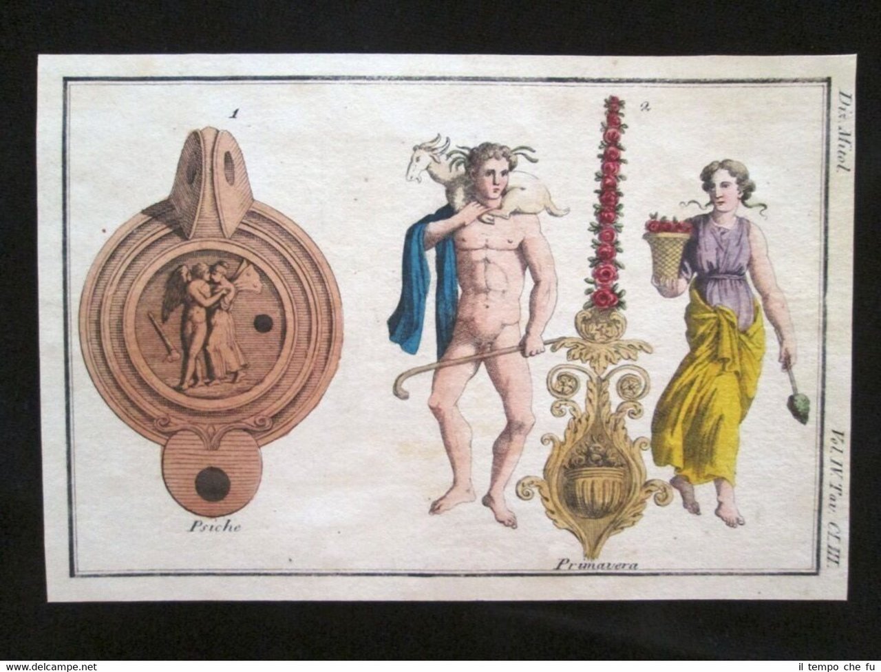 Psiche, Primavera Incisione colorata a mano del 1820 Mitologia Pozzoli