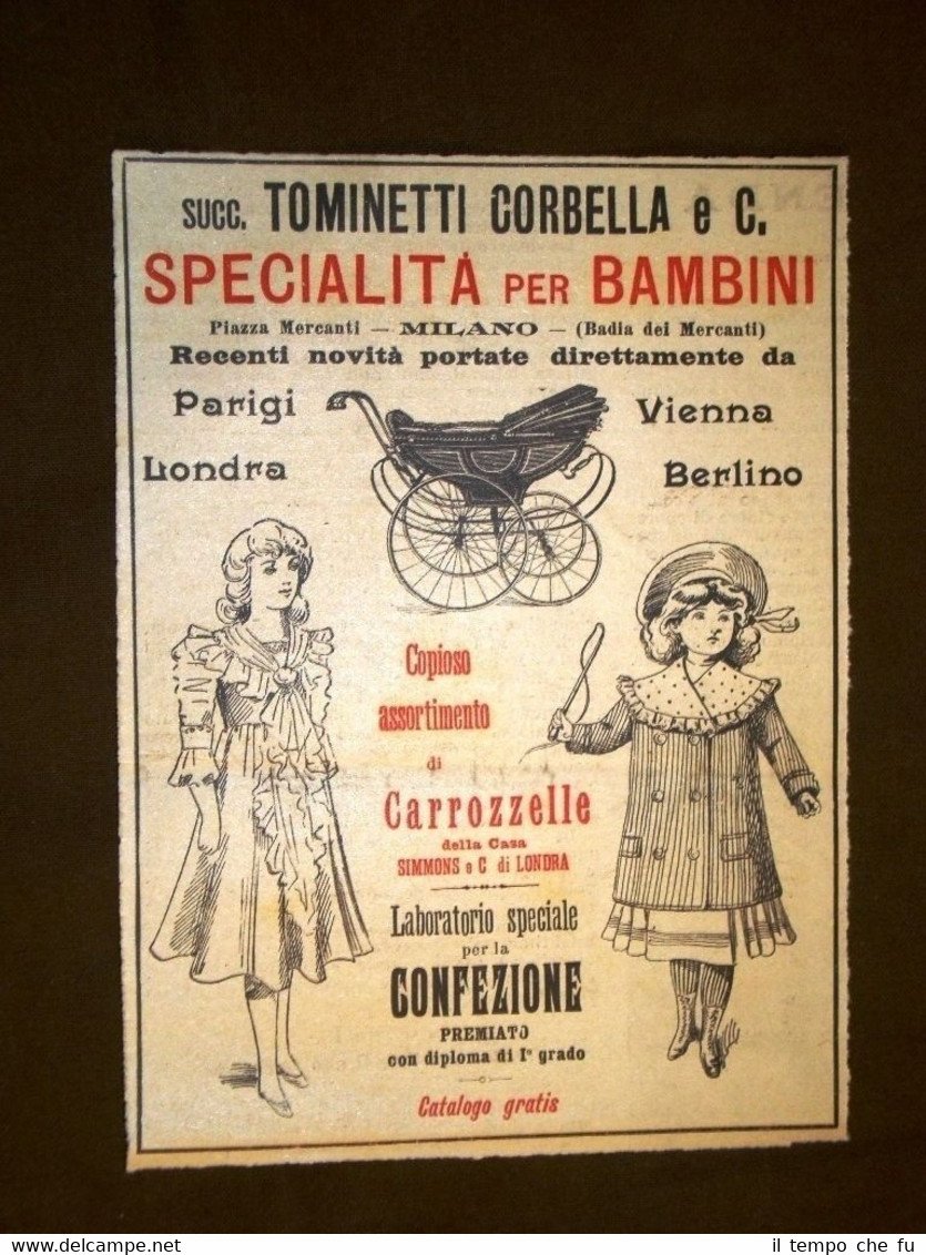 Pubblicità d'epoca del 1903 Carrozzelle per bambini Tominetti e Corbella …