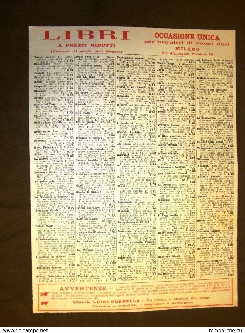 Pubblicità d'epoca del 1903 Libreria Luigi Perrella - Milano