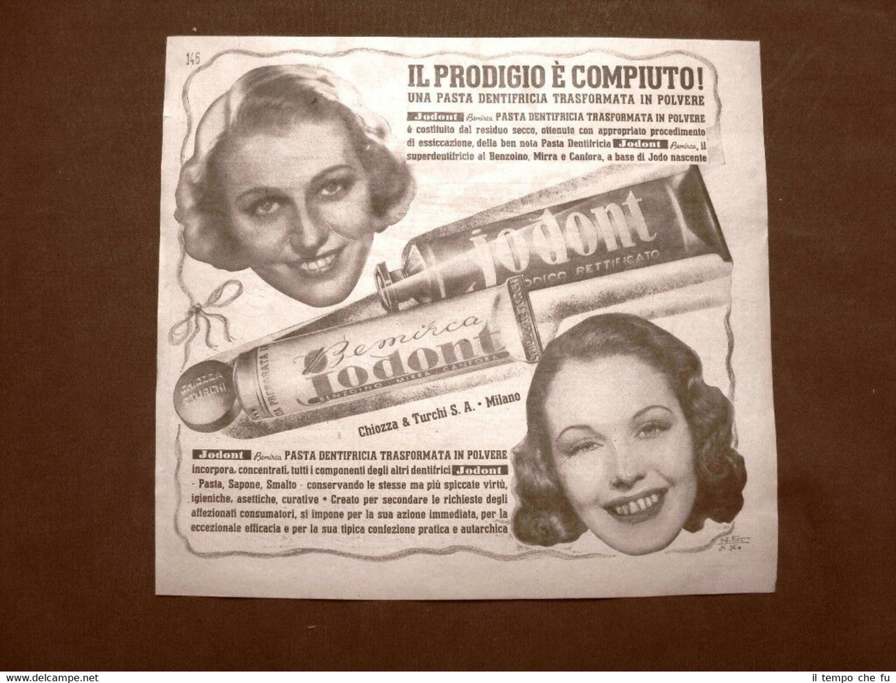 Pubblicità d'epoca del 1940 Dentifricio Jodont Prodigio compiuto Chiozza Turchi