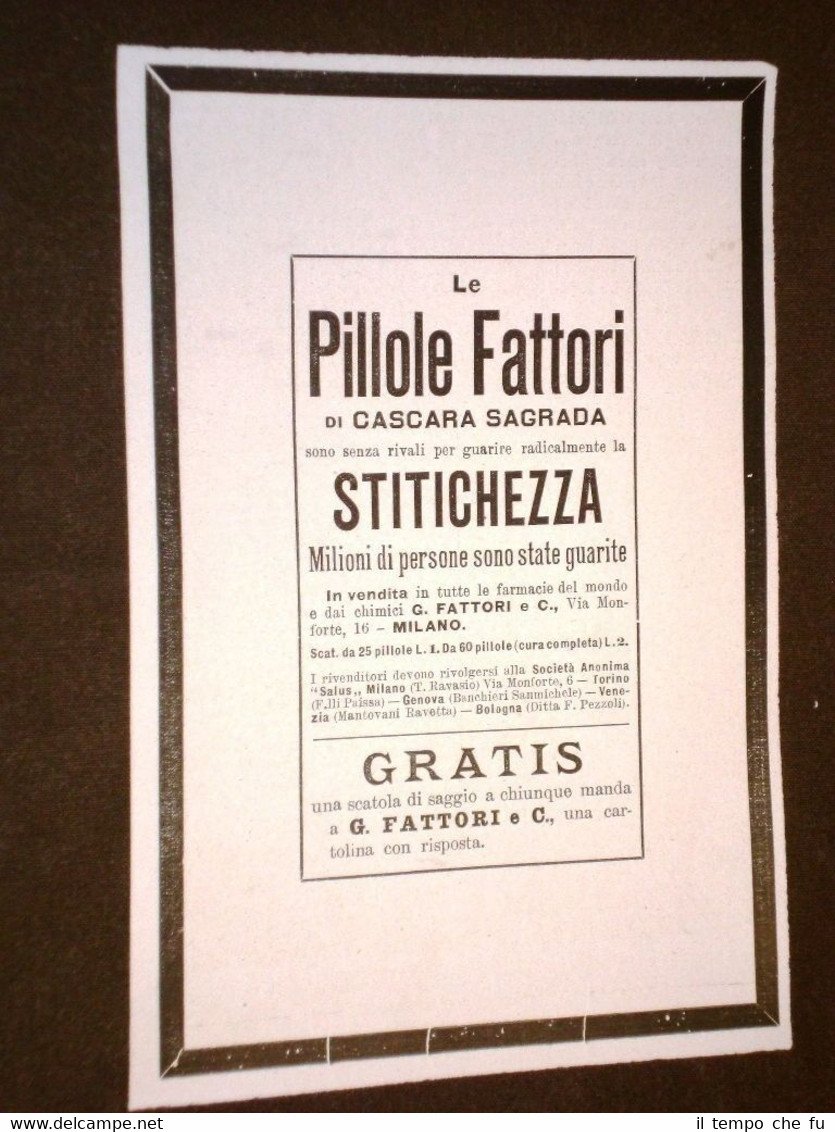 Pubblicità d'Epoca per Collezionisti Anno 1909 Pillole Fattori Stitichezza | Immagine principale