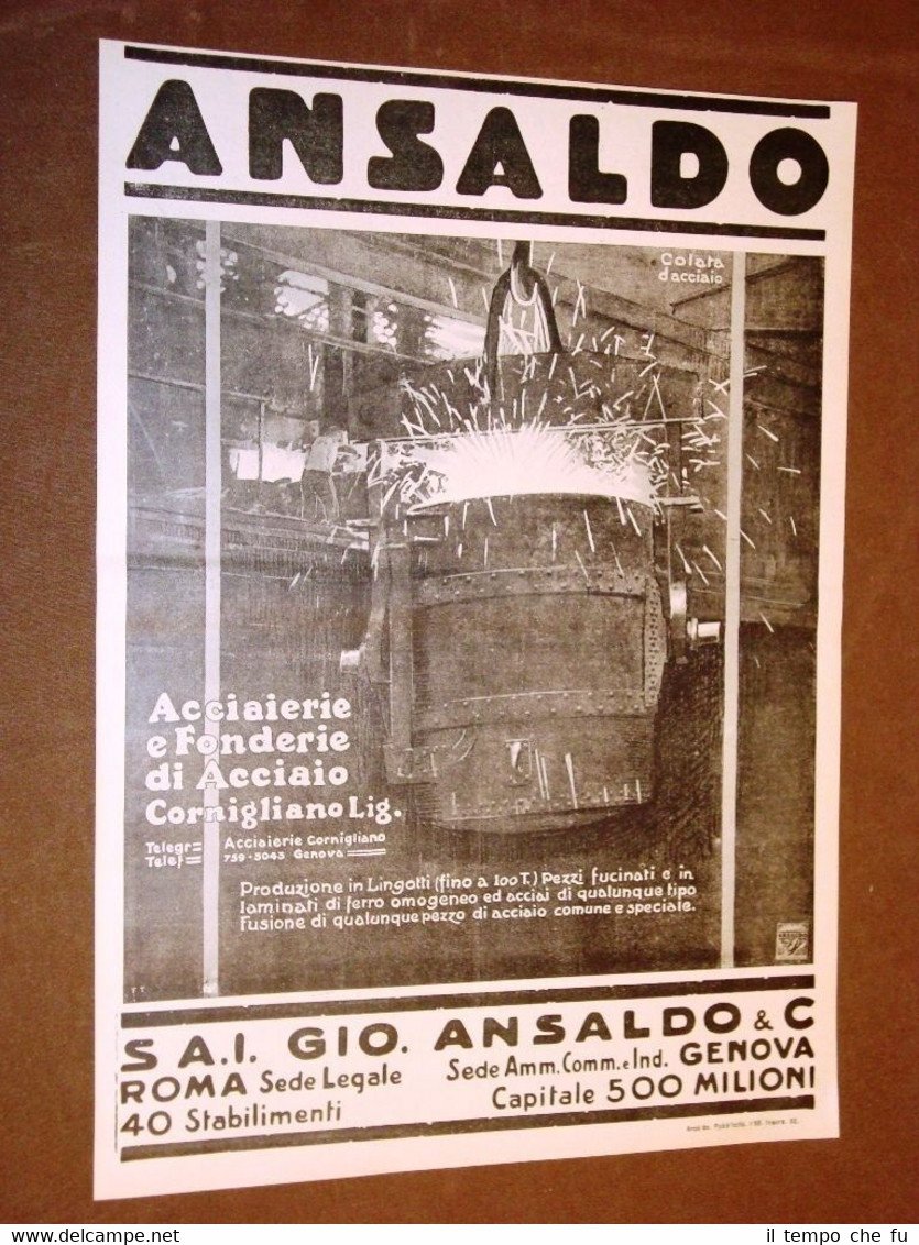 Pubblicità d'epoca per collezionisti Anno 1920 Ansaldo - Colata d'acciaio