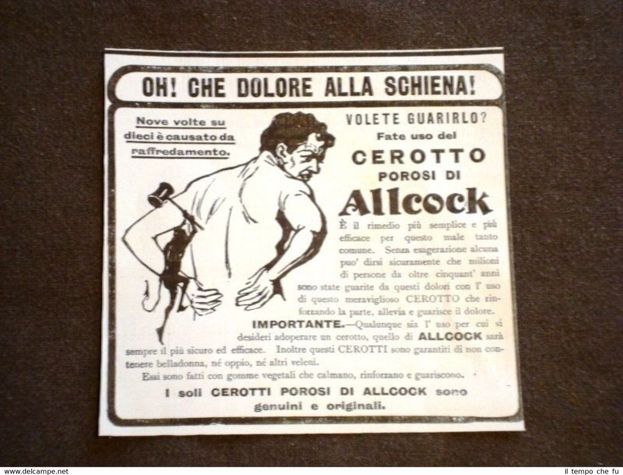 Pubblicità d'Epoca per Collezionisti Cerotto poroso di Allcock Dolore schiena
