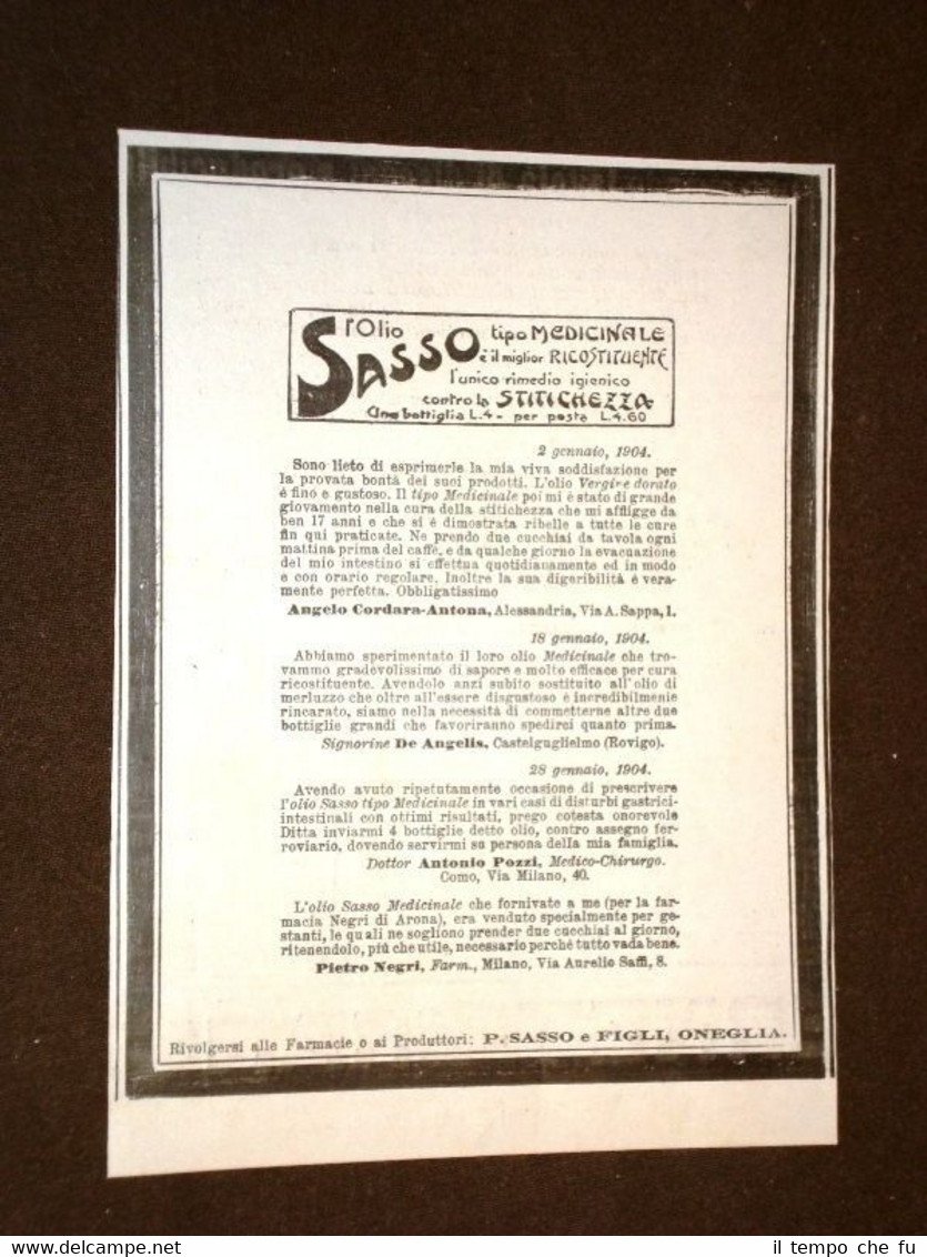Pubblicità d'Epoca per Collezionisti del 1904 Olio Sasso contro la …