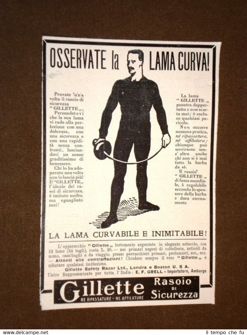 Pubblicità d'Epoca per Collezionisti del 1906 Rasoio Gillette Lama curva