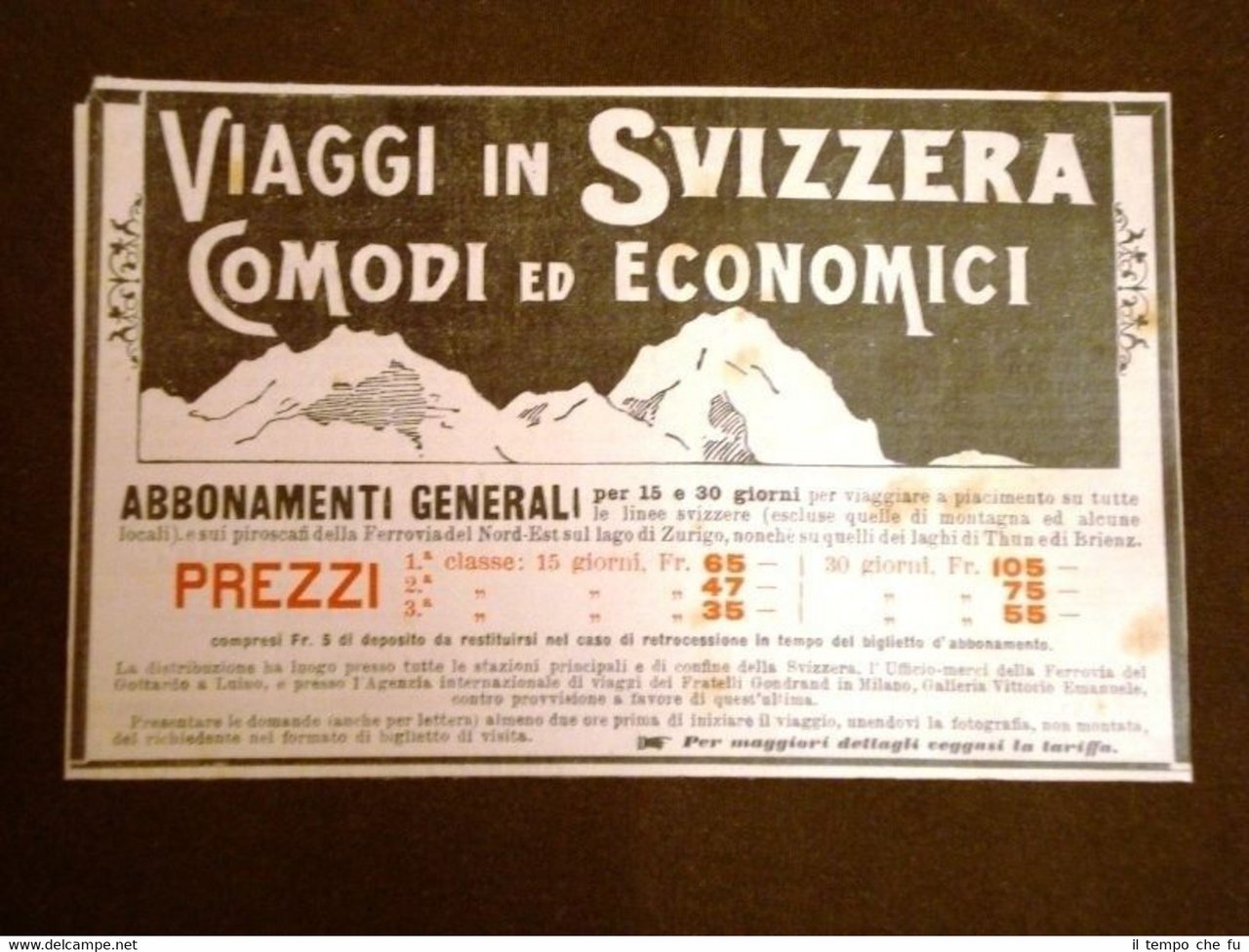 Pubblicità d'Epoca per Collezionisti Viaggi in Svizzera