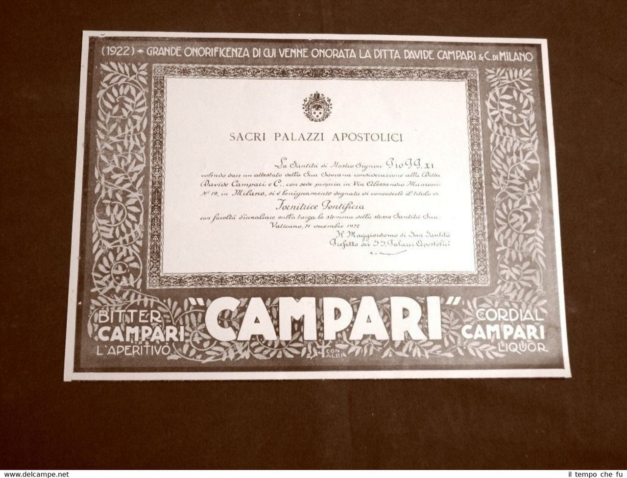 Pubblicità dei primi del '900 Aperitivo Bitter Campari Onorificienza apostolica