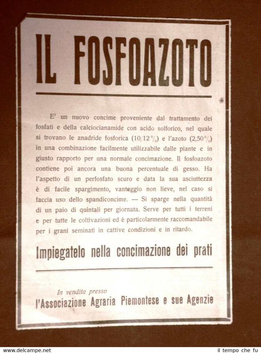 Pubblicità dei primi del 900 Fosfoazoto prati Associazione Agraria Piemontese