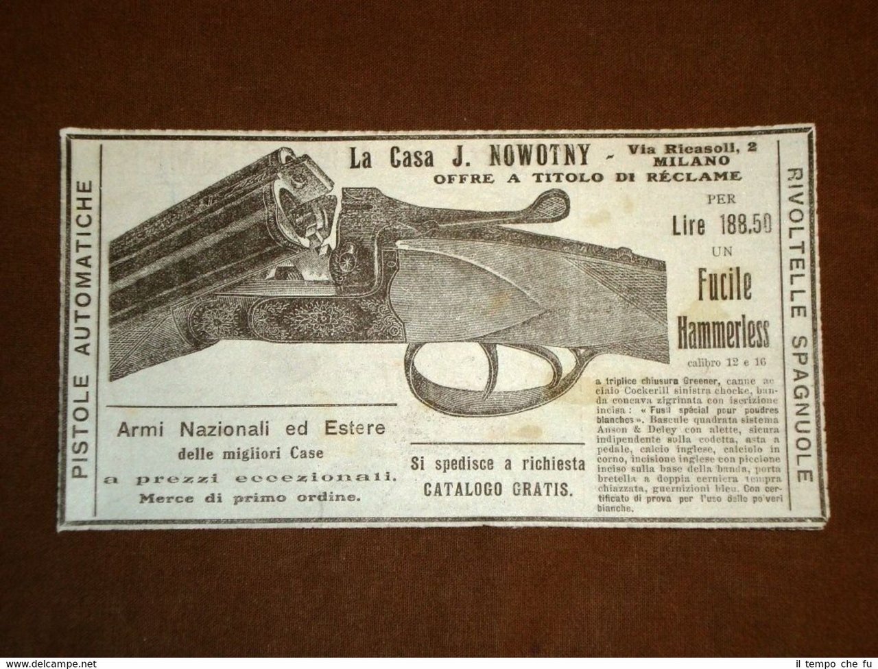 Pubblicità dei primi del '900 Fucile Hammerless Casa J. Nowotny …