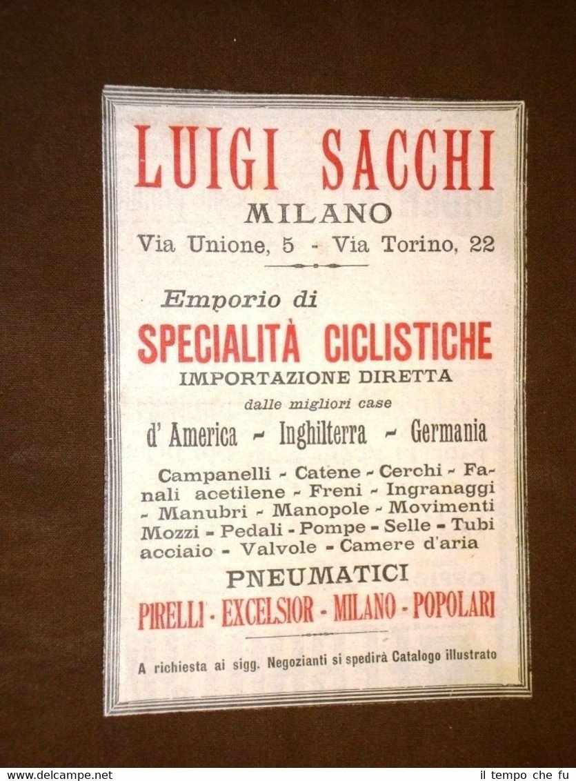 Pubblicità del 1901 Specialità ciclistiche Luigi Sacchi Milano Ciclismo