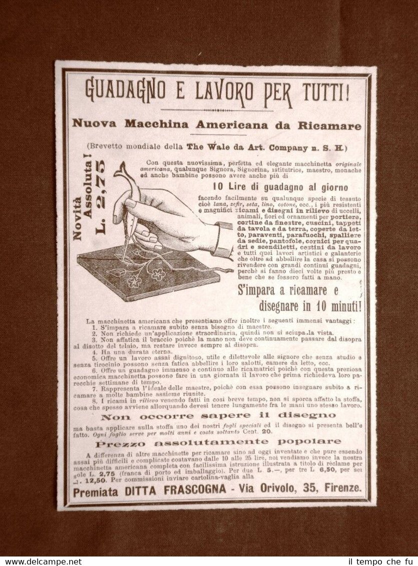 Pubblicità del 1902 Macchina per ricamare Ditta Frascogna Firenze