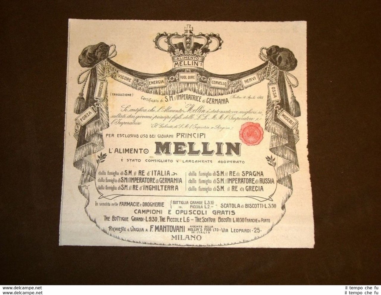 Pubblicità del 1908 Alimento Mellin Certificato dall'Imperatrice di Germania