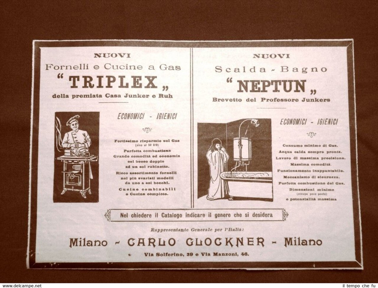 Pubblicità del 1908 Fornelli, cucine e scaldabagno Carlo Glockner Milano