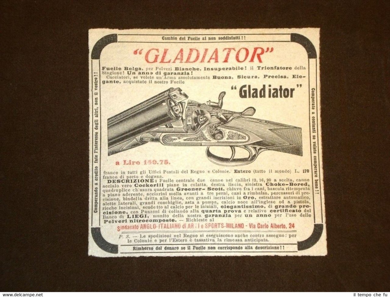 Pubblicità del 1912 Fucile Gladiator Sindacato Anglo-Italiano Armi e Sport … | Immagine principale