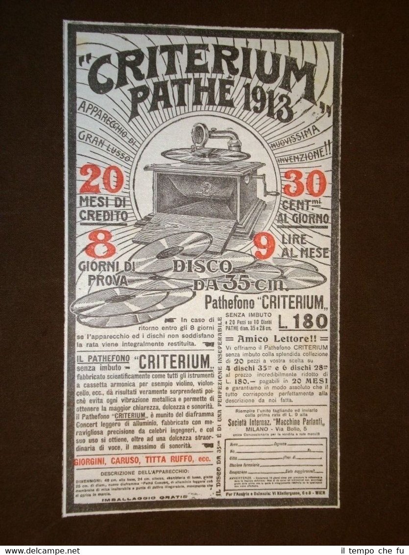 Pubblicità del 1913 Grammofono Pathè Criterium 1913