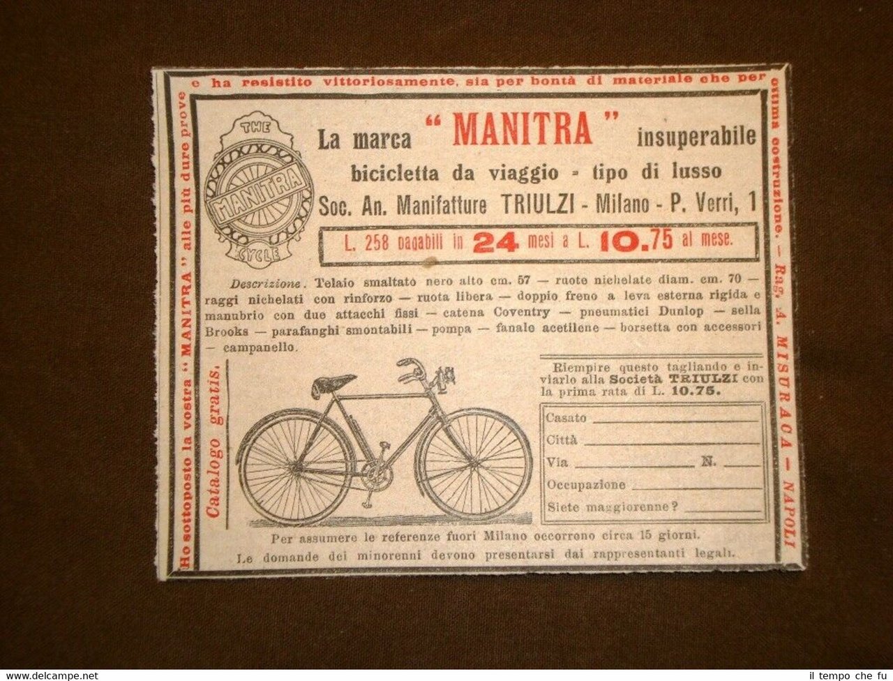 Pubblicità del 1914 Bicicletta da viaggio di lusso Manitra Soc. …