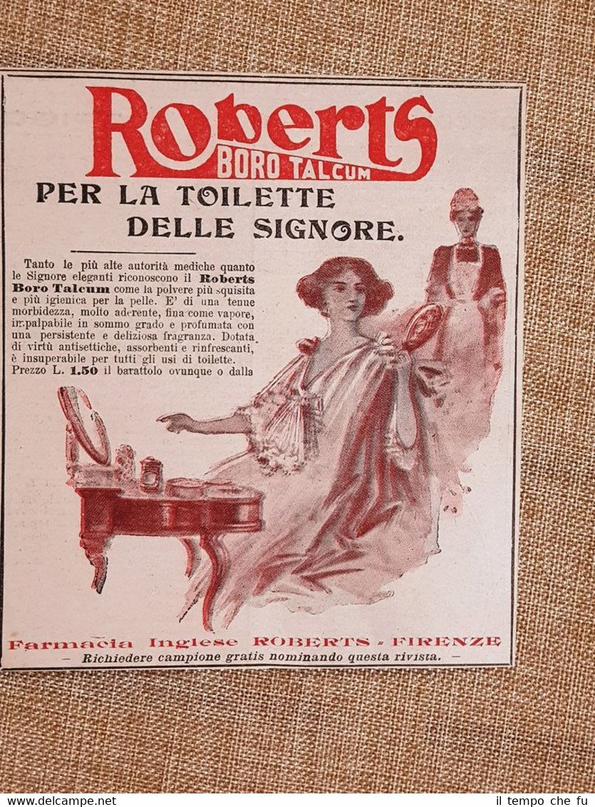 Pubblicità del 1914 Boro talcum Farmacia inglese Roberts Firenze