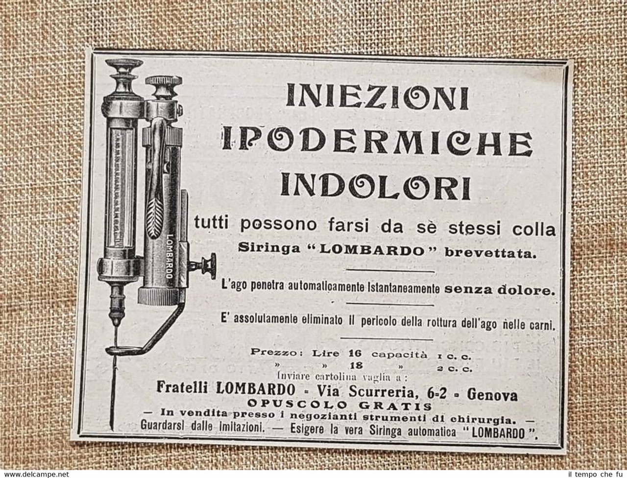 Pubblicità del 1914 Iniezioni ipodermiche indolori Fratelli Lombardo Genova