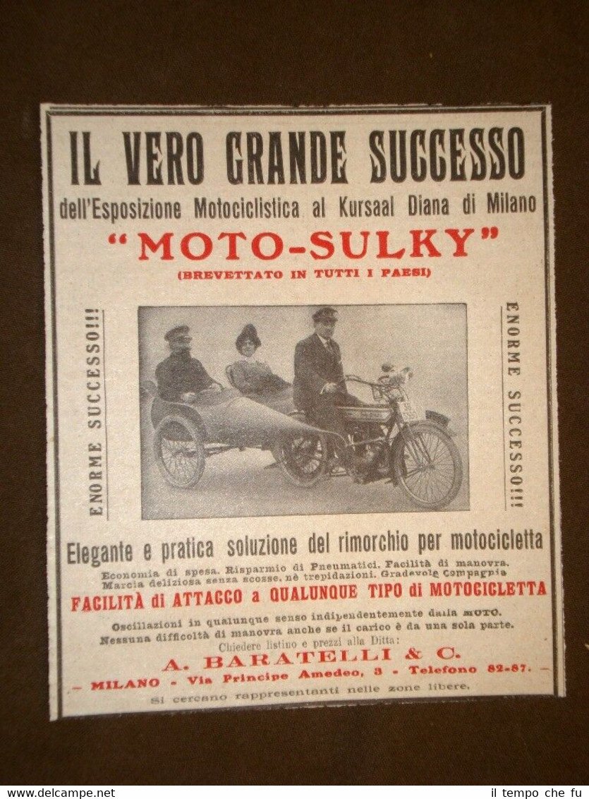 Pubblicità del 1914 Moto-Sulky Il rimorchio per motocicletta Baratelli Milano