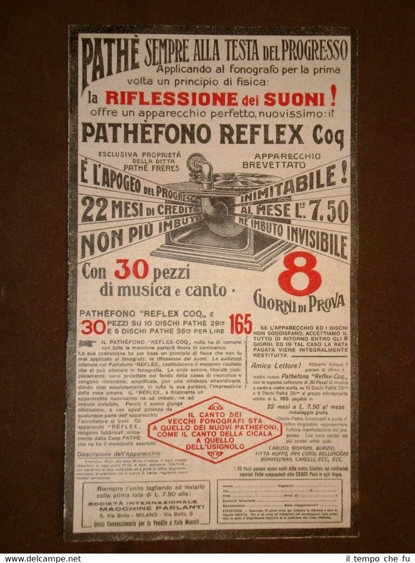 Pubblicità del 1914 Phatefono Reflex Coq Soc. internazionale macchine parlanti