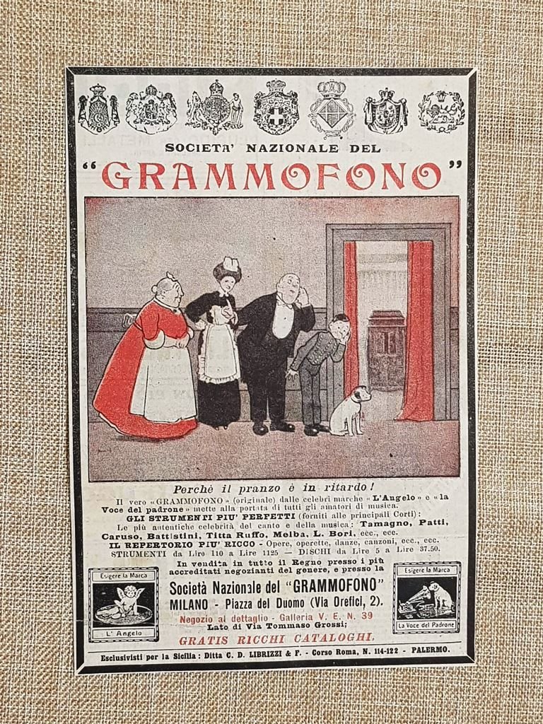 Pubblicità del 1914 Pranzo in ritardo Società Nazionale del Grammofono …